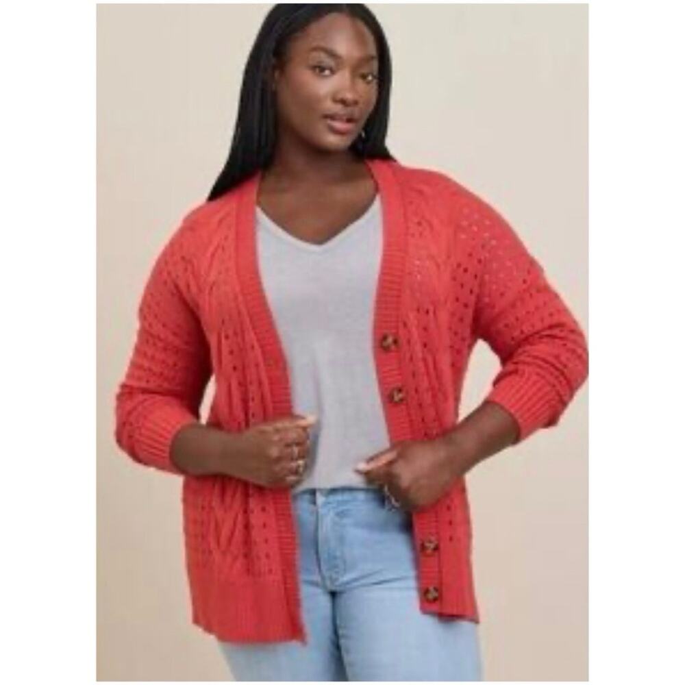 Torrid Women’s Sz 2X Red Cardigan Sweater Cotton Open Cable Knit Boyfriend